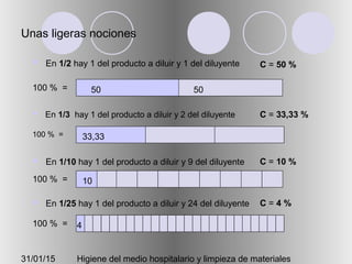 31/01/15 Higiene del medio hospitalario y limpieza de materiales
Unas ligeras nociones
 En 1/2 hay 1 del producto a diluir y 1 del diluyente
50 50100 % =
 En 1/3 hay 1 del producto a diluir y 2 del diluyente
100 % = 33,33
 En 1/10 hay 1 del producto a diluir y 9 del diluyente
100 % = 10
 En 1/25 hay 1 del producto a diluir y 24 del diluyente
100 % = 4
C = 50 %
C = 33,33 %
C = 10 %
C = 4 %
 
