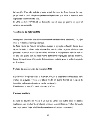 15
la inversión. Para ello, calcula el valor actual de todos los flujos futuros de caja,
proyectados a partir del primer período de operación, y le resta la inversión total
expresada en el momento cero.
El VPN es de $ 707,408.58 se demuestra que el saldo es positivo es decir el
proyecto es aceptable.
Tasa Interna de Retorno (TIR)
Un segundo criterio de evaluación lo constituye la tasa interna de retorno, TIR, que
mide la rentabilidad como porcentaje.
La Tasa Interna de Retorno consiste en evaluar el proyecto en función de una tasa
de rendimiento o interés más alta que los inversionistas pagarían sin tener que
perder su inversión, la tasa de descuento hace que el valor presente neto de un flujo
de caja será igual a cero. La Tasa Interna de Retorno del proyecto será de 345.95%,
lo que demuestra que el proyecto de inversión es rentable y por lo tanto el proyecto
es Aceptable.
Periodo de recuperación de inversión (PRI)
El período de recuperación de la inversión, PRI, es el tercer criterio más usado para
evaluar un proyecto y tiene por objeto medir en cuánto tiempo se recupera la
inversión, incluyendo el corto de capital involucrado.
En este caso la inversión se recupera en el año 4.
Punto de equilibrio
El punto de equilibrio se refiere a un nivel de ventas que cubra todos los costos
implicados para producir los productos ofrecidos obteniéndose un nivel de demanda
que haga que no haya pérdidas ni ganancias en el periodo considerado.
 
