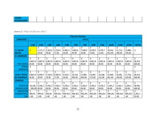 23
SALDO
ACUMULADO
Anexo 2.- Flujo de Efectivo Año 2.
Flujo de efectivo
CONCEPTO MESES
1.00 2.00 3.00 4.00 5.00 6.00 7.00 8.00 9.00 10.00 11.00 12.00 TOTAL
A- SALDO
INICIAL
$
-
$
1,171,3
39.00
$
2,342,6
78.00
$
3,514,0
17.00
$
4,685,3
56.00
$
5,856,6
95.00
$
7,028,0
34.00
$
8,199,3
73.00
$
9,370,7
12.00
$
10,542,
051.00
$
11,713,
390.00
$
12,884,
729.00
$
-
B- INGRESOS
POR VENTA
$
4,867,8
00.00
$
4,867,8
00.00
$
4,867,8
00.00
$
4,867,8
00.00
$
4,867,8
00.00
$
4,867,8
00.00
$
4,867,8
00.00
$
4,867,8
00.00
$
4,867,8
00.00
$
4,867,8
00.00
$
4,867,8
00.00
$
4,867,8
00.00
$
58,413,
600.00
OTROS
INGRESOS
$
-
$
-
A+B=C TOTAL
DE INGRESOS
$
4,867,8
00.00
$
6,039,1
39.00
$
7,210,4
78.00
$
8,381,8
17.00
$
9,553,1
56.00
$
10,724,
495.00
$
11,895,
834.00
$
13,067,
173.00
$
14,238,
512.00
$
15,409,
851.00
$
16,581,
190.00
$
17,752,
529.00
$
58,413,
600.00
EGRESOS
COSTO DE
PRODUCCION
$3,245,
200.00
$
3,245,2
00.00
$
3,245,2
00.00
$
3,245,2
00.00
$
3,245,2
00.00
$
3,245,2
00.00
$
3,245,2
00.00
$
3,245,2
00.00
$
3,245,2
00.00
$
3,245,2
00.00
$
3,245,2
00.00
$
3,245,2
00.00
$
38,942,
400.00
GASTOS DE
ADMINISTRAC
ION
$
449,26
1.00
$
449,26
1.00
$
449,26
1.00
$
449,261
.00
$
449,261
.00
$
449,261
.00
$
449,261
.00
$
449,261
.00
$
449,261
.00
$
449,261
.00
$
449,261
.00
$
449,261
.00
$
5,391,1
32.00
 