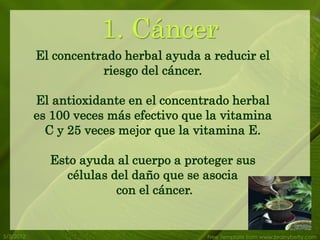 1. Cáncer
           El concentrado herbal ayuda a reducir el
                      riesgo del cáncer.

           El antioxidante en el concentrado herbal
           es 100 veces más efectivo que la vitamina
             C y 25 veces mejor que la vitamina E.

             Esto ayuda al cuerpo a proteger sus
                células del daño que se asocia
                         con el cáncer.


5/3/2012                                Free Template from www.brainybetty.com
 