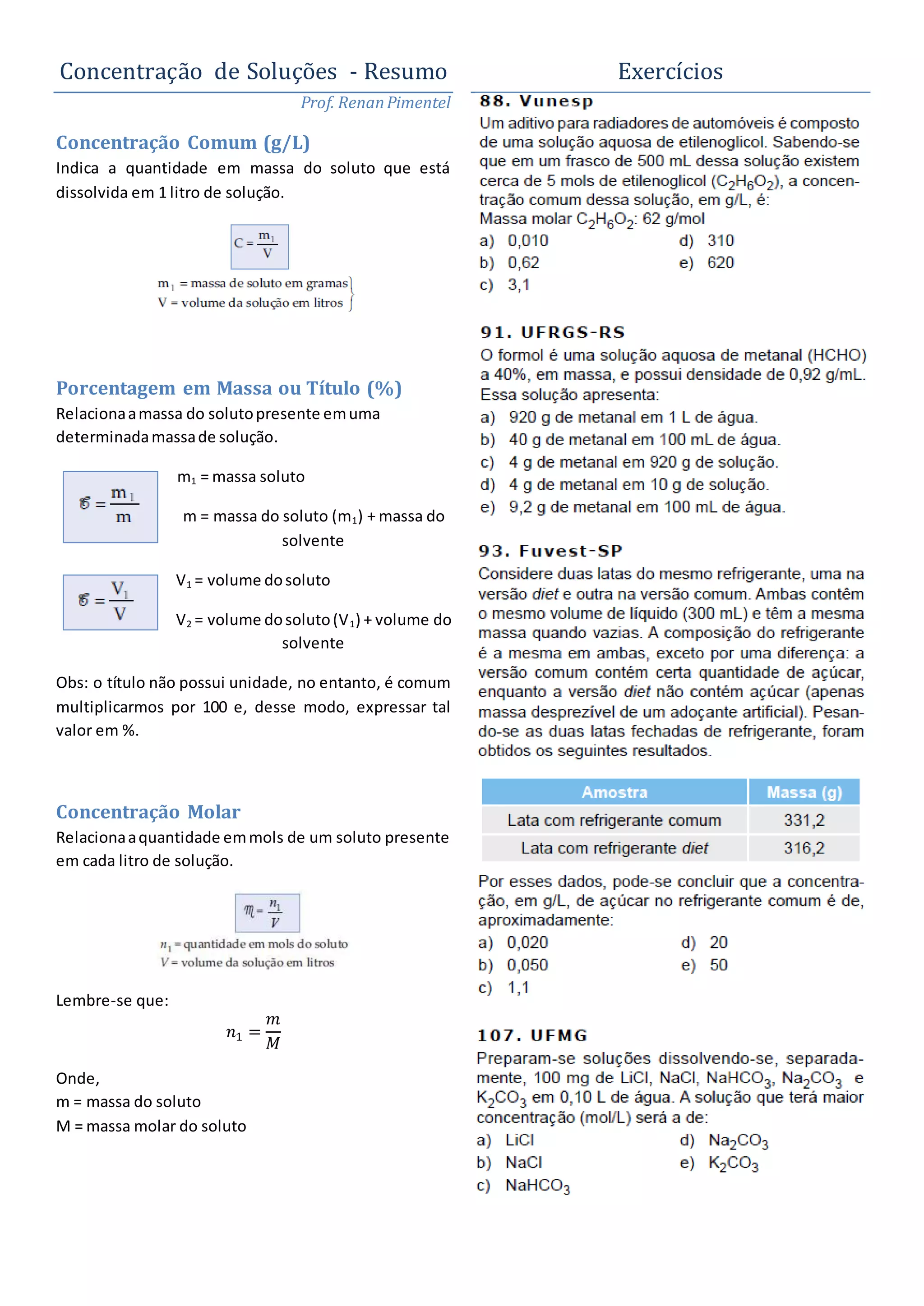 Concentração de soluções - Resumo e Lista de Exercícios | DOCX