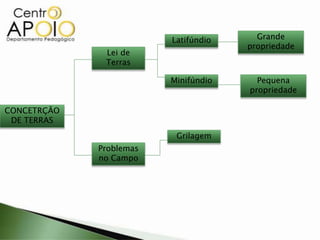 CONCETRÇÃO
DE TERRAS
Lei de
Terras
Problemas
no Campo
Latifúndio
Minifúndio
Grilagem
Grande
propriedade
Pequena
propriedade
 