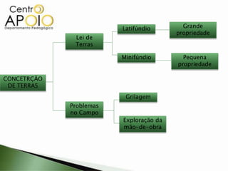 CONCETRÇÃO
DE TERRAS
Lei de
Terras
Problemas
no Campo
Latifúndio
Minifúndio
Grilagem
Exploração da
mão-de-obra
Grande
propriedade
Pequena
propriedade
 