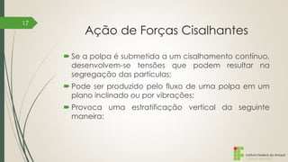 Instituto Federal do Amapá
Campus Macapá
Ação de Forças Cisalhantes
 Se a polpa é submetida a um cisalhamento contínuo,
desenvolvem-se tensões que podem resultar na
segregação das partículas;
 Pode ser produzido pelo fluxo de uma polpa em um
plano inclinado ou por vibrações;
 Provoca uma estratificação vertical da seguinte
maneira:
17
 