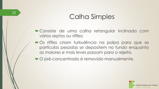Instituto Federal do Amapá
Campus Macapá
Calha Simples
 Consiste de uma calha retangular inclinada com
vários septos ou riffles;
 Os riffles criam turbulência na polpa para que as
partículas pesadas se depositem no fundo enquanto
as maiores e mais leves passam para o rejeito.
 O pré-concentrado é removido manualmente.
22
 