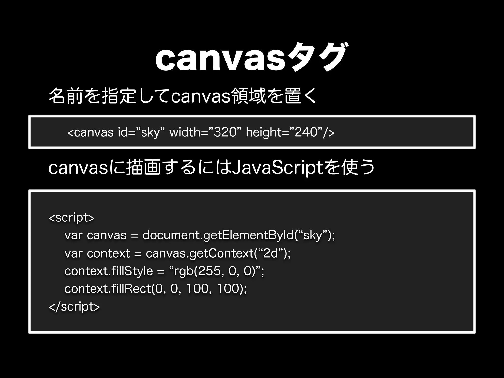 canvasタグ
名前を指定してcanvas領域を置く
   <canvas id= sky width= 320 height= 240 />


canvasに描画するにはJavaScriptを使う

<script>
  var canvas = document.getElementById( sky );
   var context = canvas.getContext( 2d );
   context.ﬁllStyle = rgb(255, 0, 0) ;
   context.ﬁllRect(0, 0, 100, 100);
</script>
 