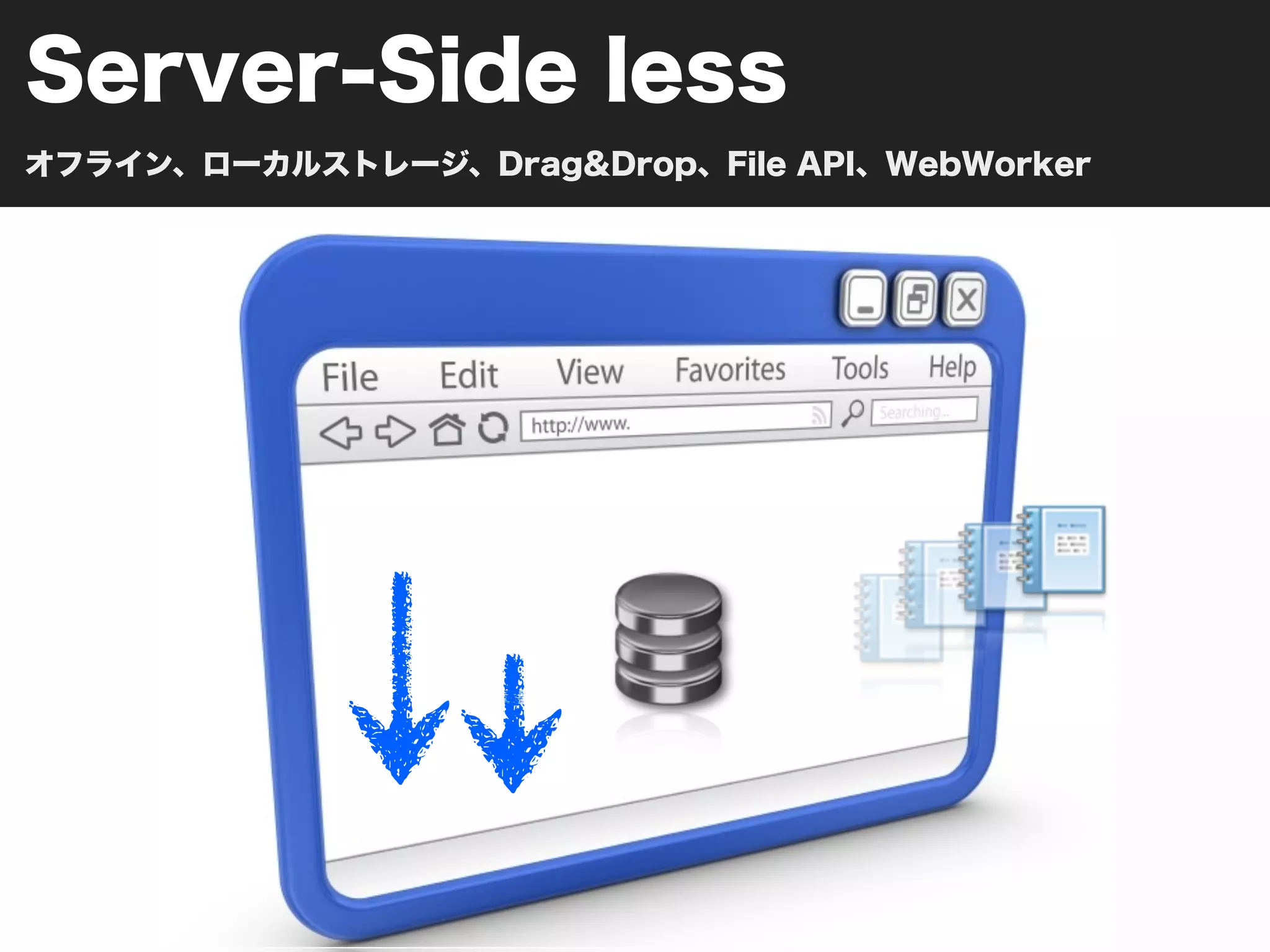 Server-Side less
オフライン、ローカルストレージ、Drag&Drop、File API、WebWorker
 