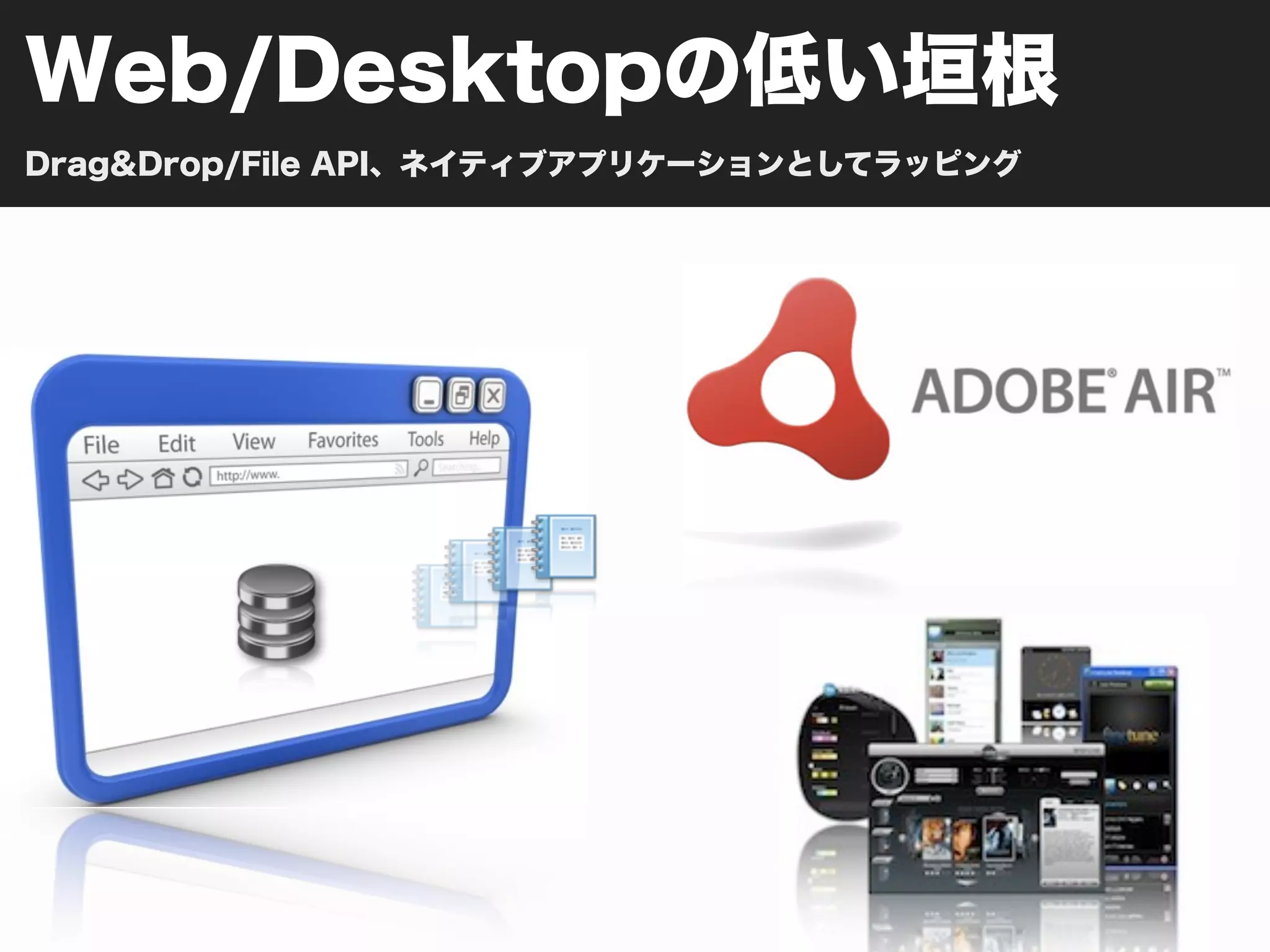 Web/Desktopの低い垣根
Drag&Drop/File API、ネイティブアプリケーションとしてラッピング
 