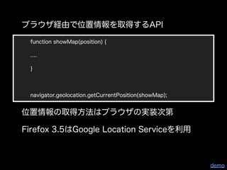 ブラウザ経由で位置情報を取得するAPI

 function showMap(position) {

 ....

 }




 navigator.geolocation.getCurrentPosition(showMap);


位置...