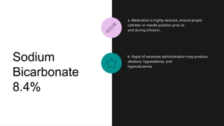 a. Medication is highly vesicant, ensure proper
catheter or needle position prior to
and during infusion.
b. Rapid of excessive administration may produce
alkalosis, hypokalemia, and
hypocalcaemia.
Sodium
Bicarbonate
8.4%
 
