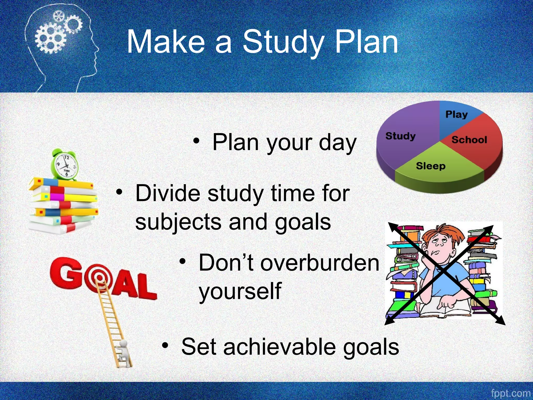 Make a Study Plan
• Plan your day
• Divide study time for
subjects and goals
• Don’t overburden
yourself
• Set achievable goals
 