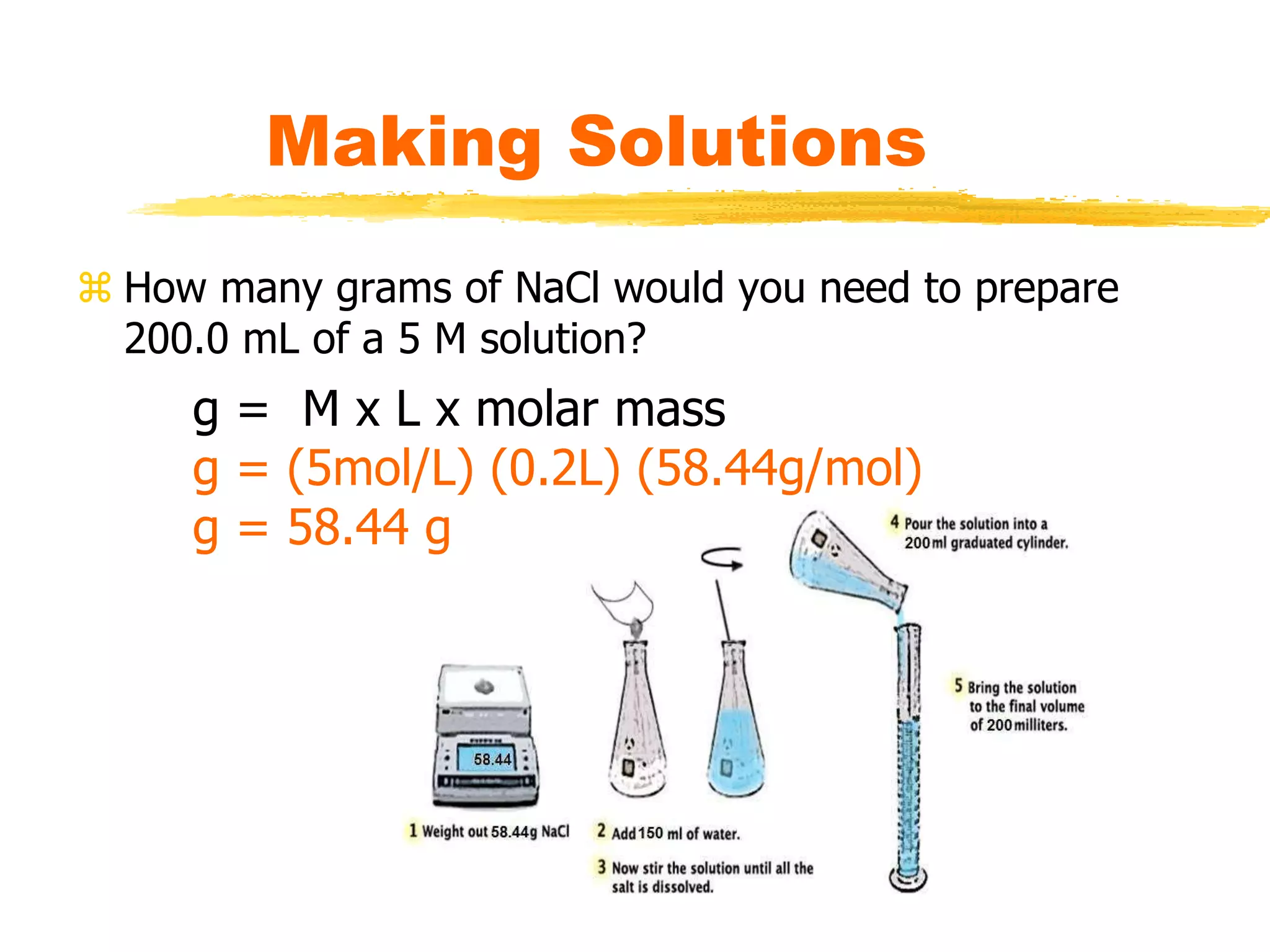  How many grams of NaCl would you need to prepare
200.0 mL of a 5 M solution?
Making Solutions
g = M x L x molar mass
g = (5mol/L) (0.2L) (58.44g/mol)
g = 58.44 g
 