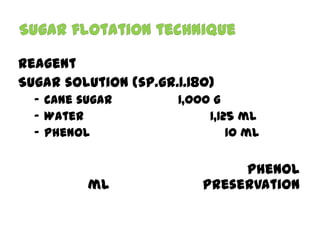 Reagent
Sugar solution (sp.gr.1.180)
- Cane sugar
- Water
- Phenol

ml

1,000 g
1,125 ml
10 ml

phenol
preservation

 