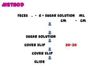 Method
Feces . - g + sugar solution ml
cm
- cm

sugar solution
cover slip
cover slip
slide

20-30

 