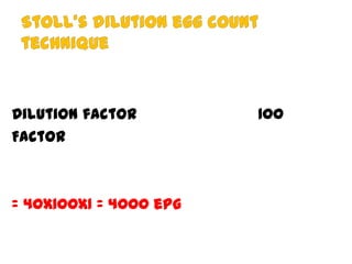 Dilution factor
Factor

= 40x100x1 = 4000 epg

100

 