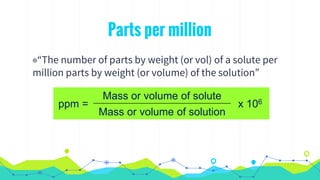 Parts per million
◉“The number of parts by weight (or vol) of a solute per
million parts by weight (or volume) of the solution”
ppm =
Mass or volume of solute
x 106
Mass or volume of solution
 