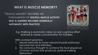 E.g. Walking is automatic takes no real cognitive effort
learned & needs concentration for toddlers.
With constant practice:
1. Neural networks & motor neuron/muscle pathways
become fast and effortless,
2. No conscious thought to achieve the fluid sequence
of motor activity that produces optimal walking
behaviour.
 