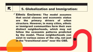 5. Globalization and Immigration:
Ethnic Enclaves: The model assumes
that social classes and economic status
are the primary drivers of urban
structure. However, in many cities, ethnic
or immigrant communities form their own
distinct neighborhoods, which may not
follow the economic patterns predicted
by the model. These neighborhoods can
exist in various zones of the city, not just
in the "transitional zone" near the CBD.
 