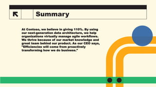 Summary
At Contoso, we believe in giving 110%. By using
our next-generation data architecture, we help
organizations virtually manage agile workflows.
We thrive because of our market knowledge and
great team behind our product. As our CEO says,
"Efficiencies will come from proactively
transforming how we do business."​
​
 