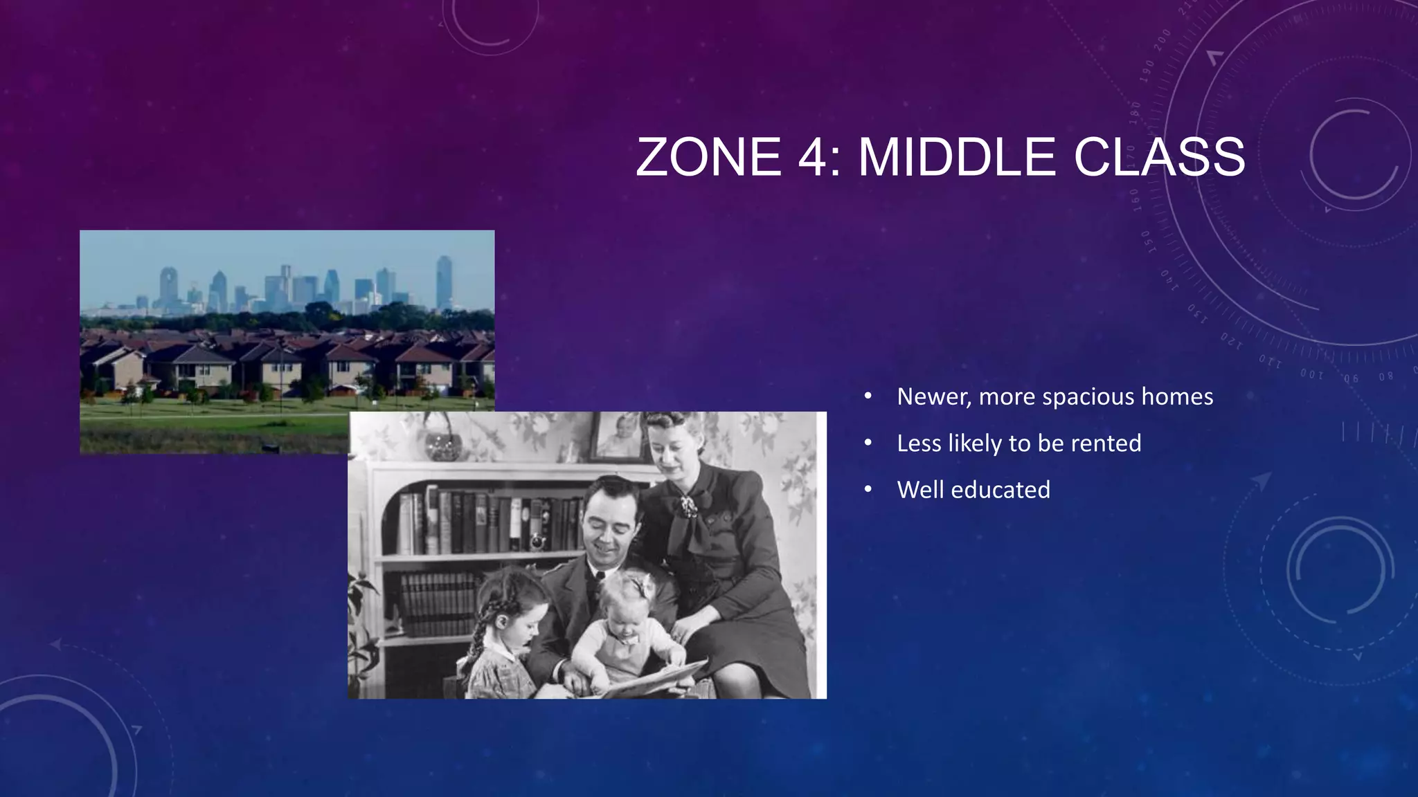 ZONE 4: MIDDLE CLASS
• Newer, more spacious homes
• Less likely to be rented
• Well educated
 