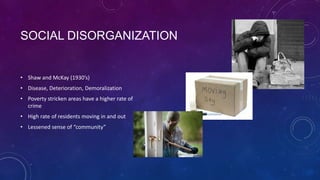 SOCIAL DISORGANIZATION
• Shaw and McKay (1930’s)
• Disease, Deterioration, Demoralization
• Poverty stricken areas have a higher rate of
crime
• High rate of residents moving in and out
• Lessened sense of “community”
 