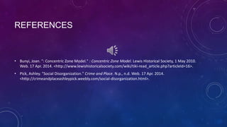 REFERENCES
• Bunyi, Joan. ": Concentric Zone Model." : Concentric Zone Model. Lewis Historical Society, 1 May 2010.
Web. 17 Apr. 2014. <http://www.lewishistoricalsociety.com/wiki/tiki-read_article.php?articleId=16>.
• Pick, Ashley. "Social Disorganization." Crime and Place. N.p., n.d. Web. 17 Apr. 2014.
<http://crimeandplaceashleypick.weebly.com/social-disorganization.html>.
 