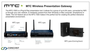 MTC Wireless Presentation Gateway
VGA or HDMI output (up to 1080p)
Connect to any VGA or HDMI monitor or projector, output...