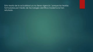 Esta teoría de la actualidad ya no tiene vigencia ´porque las teorías
formuladas por medio de tecnología científica moderna la han
refutado.
 