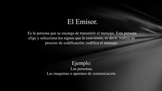  El Emisor. Es la persona que se encarga de transmitir el mensaje. Esta persona elige y selecciona los signos que le convienen, es decir, realiza un proceso de codificación; codifica el mensaje.Ejemplo:Las personas,Las maquinas o aparatos de comunicación.