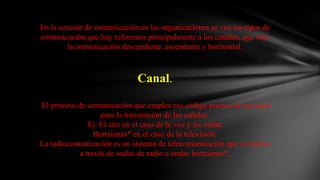 En la sección de comunicación en las organizaciones se ven los tipos de comunicación que hay referentes principalmente a los canales, que son: la comunicación descendente, ascendente y horizontal.Canal.El proceso de comunicación que emplea ese código precisa de un canal para la transmisión de las señales.Ej: El aire en el caso de la voz y las ondasHertzianas* en el caso de la televisión.La radiocomunicación es un sistema de telecomunicación que se realiza a través de ondas de radio u ondas hertzianas*,