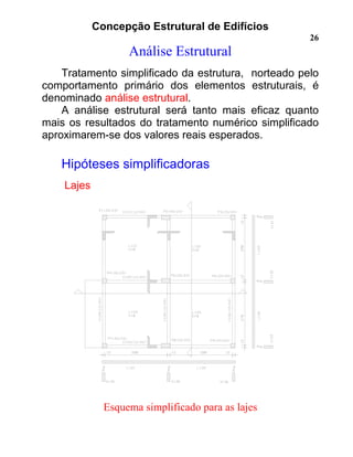 Concepção Estrutural de Edifícios
26
Análise Estrutural
Tratamento simplificado da estrutura, norteado pelo
comportamento primário dos elementos estruturais, é
denominado análise estrutural.
A análise estrutural será tanto mais eficaz quanto
mais os resultados do tratamento numérico simplificado
aproximarem-se dos valores reais esperados.
Hipóteses simplificadoras
Lajes
Esquema simplificado para as lajes
 
