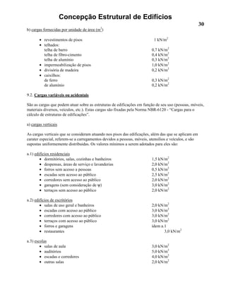 Concepção Estrutural de Edifícios
30
b) cargas fornecidas por unidade de área (m2
)
• revestimentos de pisos 1 kN/m2
• telhados:
telha de barro 0,7 kN/m2
telha de fibro-cimento 0,4 kN/m2
telha de alumínio 0,3 kN/m2
• impermeabilização de pisos 1,0 kN/m2
• divisória de madeira 0,2 kN/m2
• caixilhos:
de ferro 0,3 kN/m2
de alumínio 0,2 kN/m2
9.2. Cargas variáveis ou acidentais
São as cargas que podem atuar sobre as estruturas de edificações em função de seu uso (pessoas, móveis,
materiais diversos, veículos, etc.). Estas cargas são fixadas pela Norma NBR-6120 - “Cargas para o
cálculo de estruturas de edificações”.
a) cargas verticais
As cargas verticais que se consideram atuando nos pisos das edificações, além das que se aplicam em
carater especial, referem-se a carregamentos devidos a pessoas, móveis, utensílios e veículos, e são
supostas uniformemente distribuidas. Os valores mínimos a serem adotados para eles são:
a.1) edifícios residenciais
• dormitórios, salas, cozinhas e banheiros 1,5 kN/m2
• despensas, áreas de serviço e lavanderias 2,0 kN/m2
• forros sem acesso a pessoas 0,5 kN/m2
• escadas sem acesso ao público 2,5 kN/m2
• corredores sem acesso ao público 2,0 kN/m2
• garagens (sem consideração de ψ) 3,0 kN/m2
• terraços sem acesso ao público 2,0 kN/m2
a.2) edifícios de escritórios
• salas de uso geral e banheiros 2,0 kN/m2
• escadas com acesso ao público 3,0 kN/m2
• corredores com acesso ao público 3,0 kN/m2
• terraços com acesso ao público 3,0 kN/m2
• forros e garagens ídem a.1
• restaurantes 3,0 kN/m2
a.3) escolas
• salas de aula 3,0 kN/m2
• auditórios 5,0 kN/m2
• escadas e corredores 4,0 kN/m2
• outras salas 2,0 kN/m2
 