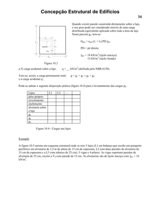 Concepção Estrutural de Edifícios
34
Quando existir parede construida diretamente sobre a laje,
o seu peso pode ser considerado através de uma carga
distribuida equivalente aplicada sobre toda a área da laje.
Nesta parcela g4, tem-se:
Gpar = epar.(l1 + l2).PD.γalv
PD = pé direito
γalv = 18 kN/m3
(tijolo maciço)
13 kN/m3
(tijolo furado)
a.5) carga acidental sobre a laje: q = __ kN/m2
(definida pela NBR-6120).
Tem-se, assim, a carga permanente total: g = g1 + g2 + g3 + g4
e a carga acidental q .
Pode-se adotar a seguinte disposição prática (figura 10.4) para o levantamento das cargas pk:
Lajes L1 L2 ...
pêso próprio
revestimento
enchimento
alvenaria sobre
a laje
gk
qk
pk
Figura 10.4 - Cargas nas lajes
Exemplo
A figura 10.5 mostra um esquema estrutural onde se tem 3 lajes (L1 em balanço que recebe um parapeito
periférico em alvenaria de 1,2 m de altura de 15 cm de espessura, L2 com duas paredes de alvenaria de
15 cm de espessura e a L3 com rebaixo de 25 cm), 5 vigas e 4 pilares. As vigas suportam paredes de
alvenaria de 25 cm, exceto a V4 com parede de 15 cm. As alvenarias são de tijolo maciço com γalv = 16
kN/m3
.
l 1
l 2parede
l y
l x
epar
Figura 10.3
 