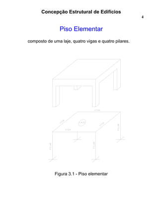 Concepção Estrutural de Edifícios
4
Piso Elementar
composto de uma laje, quatro vigas e quatro pilares.
Figura 3.1 - Piso elementar
 