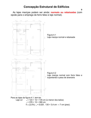 Concepção Estrutural de Edifícios
9
As lajes maciças podem ser ainda: normais ou rebaixadas (com
opcão para o emprego de forro falso e laje normal).
Figura 4.1
Laje maciça normal e rebaixada
Figura 4.2
Laje maciça normal com forro falso e
suportando o peso de alvenaria
Para as lajes da figura 4.1, tem-se:
Laje L2: x = 123 + 12 = 135 cm (o menor dos lados)
y = 378 + 12 = 390 cm
h ≅ (2,5%) x = 0,025 . 135 = 3,4 cm → 7 cm (piso).
 