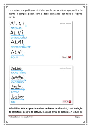 Texto elaborado por Angela Freire Página 11
compostos por grafismos, símbolos ou letras. A leitura que realiza do
escrito é sempre global, com o dedo deslizando por todo o registro
escrito.
Pré-silábica com exigência mínima de letras ou símbolos, com variação
de caracteres dentro da palavra, mas não entre as palavras. A leitura do
 