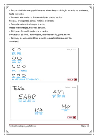 Texto elaborado por Angela Freire Página 14
• Propor atividades que possibilitem aos alunos fazer a distinção entre letras e números,
texto e desenho.
• Promover vinculação do discurso oral com o texto escrito.
Notícias, propagandas, cartas, histórias e bilhetes.
• Fazer distinção entre imagem e texto.
Placas de sinalização, histórias, cartazes.
• Atividades de manifestação oral e escrita.
Brincadeiras de rimas, adivinhações, telefone sem fio, jornal falado.
• Estimular a escrita espontânea segundo as suas hipóteses da escrita.
Autoditado...
 