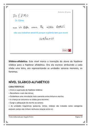 Texto elaborado por Angela Freire Página 18
Silábico-alfabética. Este nível marca a transição do aluno da hipótese
silábica para a hipótese alfabética. Ora ela escreve atribuindo a cada
sílaba uma letra, ora representando as unidades sonoras menores, os
fonemas.
NÍVEL SILÁBICO-ALFABÉTICO
CARACTERÍSTICAS
• Inicia a superação da hipótese silábica;
• Reconhece o som das letras;
• Estabelece uma vinculação mais coerente entre leitura e escrita;
• A criança se concentra na sílaba para escrever;
• Surge a adequação do escrito ao sonoro;
• As unidades linguísticas (palavras, letras, sílabas) são tratadas como categorias
estáveis (antes não tinham nenhuma relação entre si)
 
