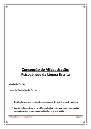 Texto elaborado por Angela Freire Página 9
Concepção de Alfabetização:
Psicogênese da Lingua Escrita
Níveis de Escrita
Linha de Evolução da Escrita
1. Distinção entre o modo de representação icônico e não icônico.
2. Construção da forma de diferenciação: controle progressivo das
variações sobre os eixos qualitativo e quantitativo.
 