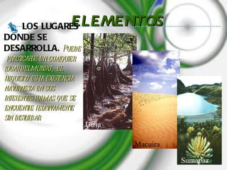 LOS LUGARES DONDE SE DESARROLLA .  Puede  practicarse en cualquier lugar del mundo,  el requisito es la existencia naturaleza en sus diferentes formas que se encuentre relativamente sin disturbar ELEMENTOS Utria Macuira Sumapaz 