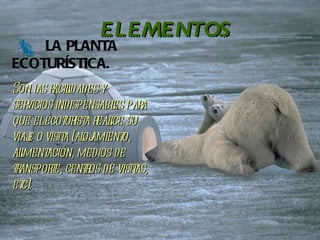 LA PLANTA ECOTURÍSTICA .  Son las facilidades y servicios indispensables para que el ecoturista realice su viaje o visita (alojamiento, alimentación, medios de transporte, centros de visitas, etc). ELEMENTOS 