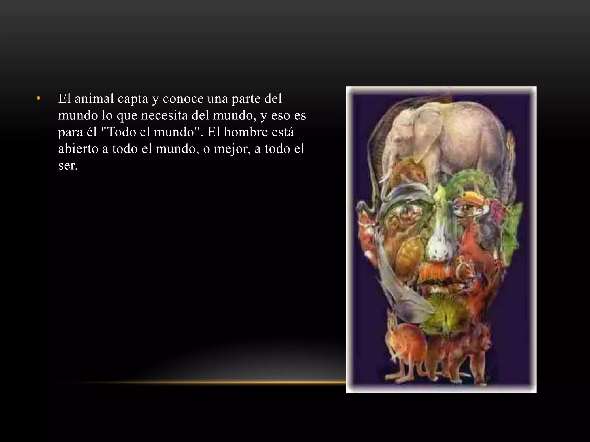 • El animal capta y conoce una parte del
mundo lo que necesita del mundo, y eso es
para él "Todo el mundo". El hombre está
abierto a todo el mundo, o mejor, a todo el
ser.
 