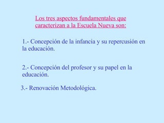 Los tres aspectos fundamentales que caracterizan a la Escuela Nueva son: 1.- Concepción de la infancia y su repercusión en la educación. 2.- Concepción del profesor y su papel en la educación. 3.- Renovación Metodológica. 