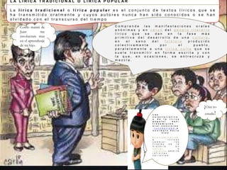L A L Í R I C A T R A D I C I O N A L O L Í R I C A P O P U L A R
L a l í r i c a t r a d i c i o n a l o l í r i c a p o p u l a r e s e l c o n j u n t o d e t e x t o s l í r i c o s q u e s e
h a t r a n s m i t i d o o r a l m e n t e y c u y o s a u t o r e s n u n c a h a n s i d o c o n o c i d o s o s e h a n
o l v i d a d o c o n e l t r a n s c u r s o d e l t i e m p o .
C o m p r e n d e l a s m a n i f e s t a c i o n e s o r a l e s
a n ó n i m a s y e n v e r s o d e l g é n e r o l i t e r a r i o
l í r i c o q u e s e d a n e n l a f a s e m á s
p r i m i t i v a d e l d e s a r r o l l o d e u n a c u l t u r a ,
e n e l s e n o d e l f o l k l o r e p r o d u c i d o
c o l e c t i v a m e n t e p o r e l p u e b l o ,
p a r a l e l a m e n t e a u n a l í r i c a c u l t a q u e s e
s u e l e t r a n s m i t i r e n f o r m a e s c r i t a y c o n
l a q u e , e n o c a s i o n e s , s e e n t r e c r u z a y
m e z c l a .
L a s
c a r a c t e r í s t i c a
s d e l a l i r i c a
p o p u l a r s o n ;
t r a n s m i s i ó n
o r a l , c o n c i s i ó n
, c o n c e p t i s m o , a
n o n i m a t o . V a r i a
n t e s .
( C o n t a m i n a t i o )
e i n c l u s o
c a m b i a r l o s
f i n a l e s d e l a
h i s t o r i a . U n
c a n t a r o
r o m a n c e a d m i t e
i n f i n i t a s
v a r i a n t e s .
Como mamá de
Juan me
involucrare mas
en el aprendizaje
de mi hijo.
¡Chin no
estudie!
 