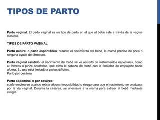 TIPOS DE PARTO
Parto vaginal: El parto vaginal es un tipo de parto en el que el bebé sale a través de la vagina
materna.
TIPOS DE PARTO VAGINAL
Parto natural o parto espontáneo: durante el nacimiento del bebé, la mamá precisa de poca o
ninguna ayuda de fármacos.
Parto vaginal asistido: el nacimiento del bebé se ve asistido de instrumentos especiales, como
el fórceps o pinza obstétrica, que toma la cabeza del bebé con la finalidad de empujarle hacia
afuera. Su uso está limitado a partos difíciles.
Parto por cesárea
Parto abdominal o por cesárea:
suele emplearse cuando existe alguna imposibilidad o riesgo para que el nacimiento se produzca
por la vía vaginal. Durante la cesárea, se anestesia a la mamá para extraer al bebé mediante
cirugía.
 