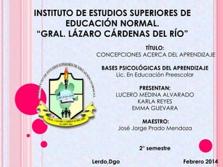 INSTITUTO DE ESTUDIOS SUPERIORES DE
EDUCACIÓN NORMAL.
“GRAL. LÁZARO CÁRDENAS DEL RÍO”
TÍTULO:
CONCEPCIONES ACERCA DEL APRENDIZAJE
BASES PSICOLÓGICAS DEL APRENDIZAJE
Lic. En Educación Preescolar
PRESENTAN:
LUCERO MEDINA ALVARADO
KARLA REYES
EMMA GUEVARA
MAESTRO:
José Jorge Prado Mendoza
2° semestre
Lerdo,Dgo Febrero 2014
 