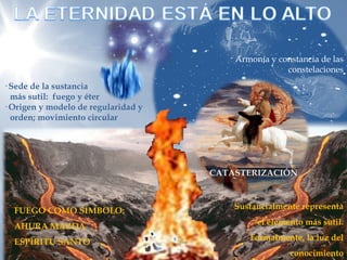FUEGO COMO SÍMBOLO:
AHURA MAZDA
ESPÍRITU SANTO
· Sede de la sustancia
más sutil: fuego y éter
· Origen y modelo de regularidad y
orden; movimiento circular
Armonía y constancia de las
constelaciones
CATASTERIZACIÓN
Sustancialmente representa
el elemento más sutil.
Formalmente, la luz del
conocimiento
 