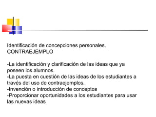 Identificación de concepciones personales.
CONTRAEJEMPLO
-La identificación y clarificación de las ideas que ya
poseen los alumnos.
-La puesta en cuestión de las ideas de los estudiantes a
través del uso de contraejemplos.
-Invención o introducción de conceptos
-Proporcionar oportunidades a los estudiantes para usar
las nuevas ideas
 
 