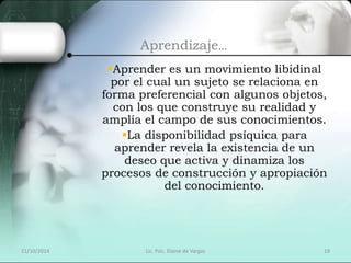 Aprendizaje… 
Aprender es un movimiento libidinal 
por el cual un sujeto se relaciona en 
forma preferencial con algunos objetos, 
con los que construye su realidad y 
amplía el campo de sus conocimientos. 
La disponibilidad psíquica para 
aprender revela la existencia de un 
deseo que activa y dinamiza los 
procesos de construcción y apropiación 
del conocimiento. 
21/10/2014 Lic. Psic. Elaine de Vargas 19 
 