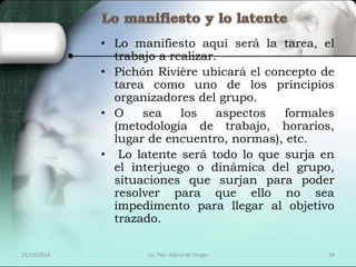 • Lo manifiesto aquí será la tarea, el 
trabajo a realizar. 
• Pichón Rivière ubicará el concepto de 
tarea como uno de los principios 
organizadores del grupo. 
• O sea los aspectos formales 
(metodología de trabajo, horarios, 
lugar de encuentro, normas), etc. 
• Lo latente será todo lo que surja en 
el interjuego o dinámica del grupo, 
situaciones que surjan para poder 
resolver para que ello no sea 
impedimento para llegar al objetivo 
trazado. 
21/10/2014 Lic. Psic. Elaine de Vargas 28 
 